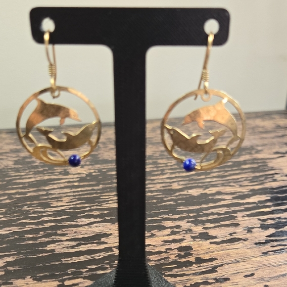 Oceanic Gold and Blue Dolphin Earrings - Picture 1 of 5